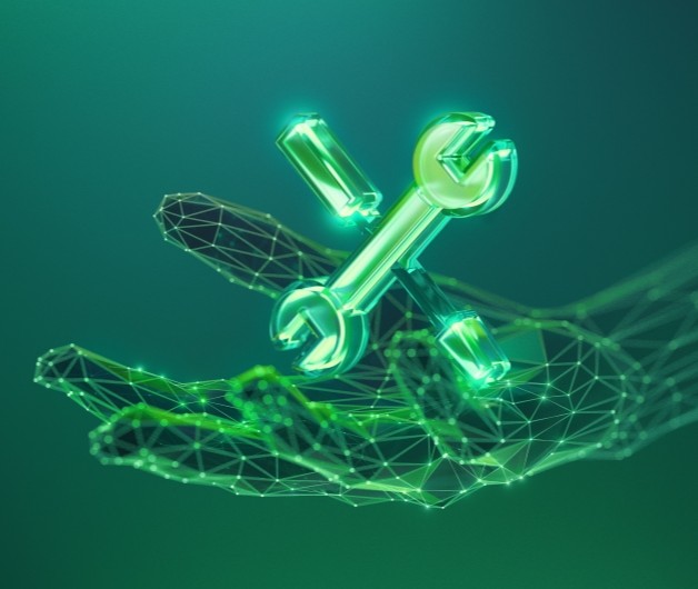 A digital hand holds digital hand tools.